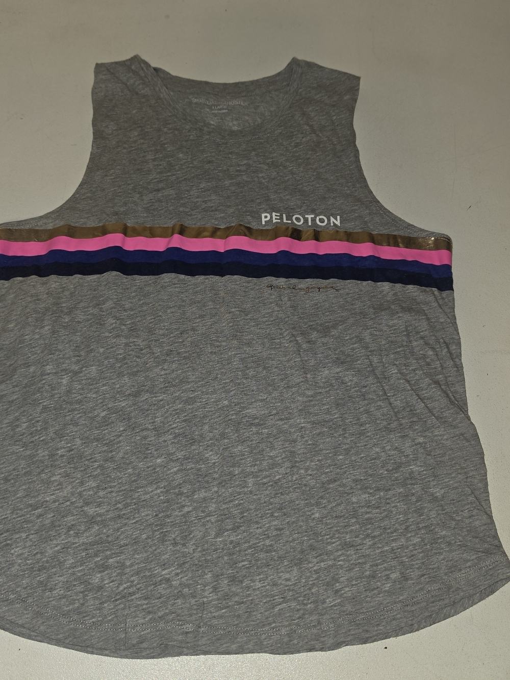 Peloton Gray Tank with Pink and Blue Stripe